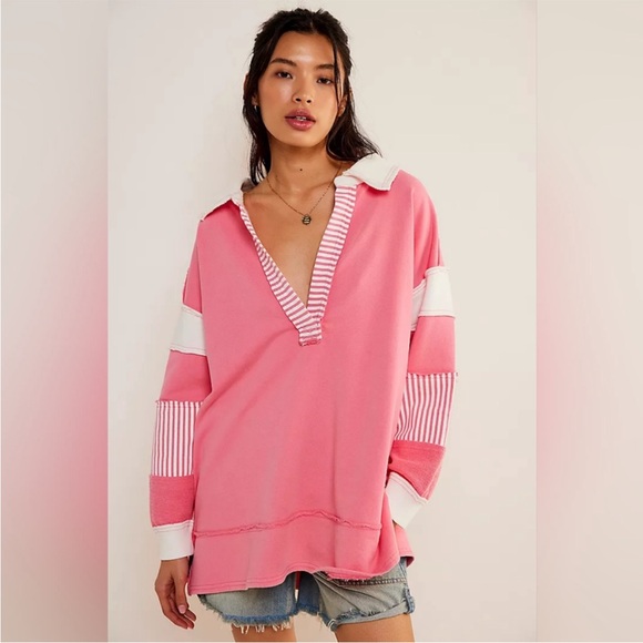 FREE PEOPLE We The Free Clean Prep Polo Top PINK CL NWOT - Picture 1 of 8